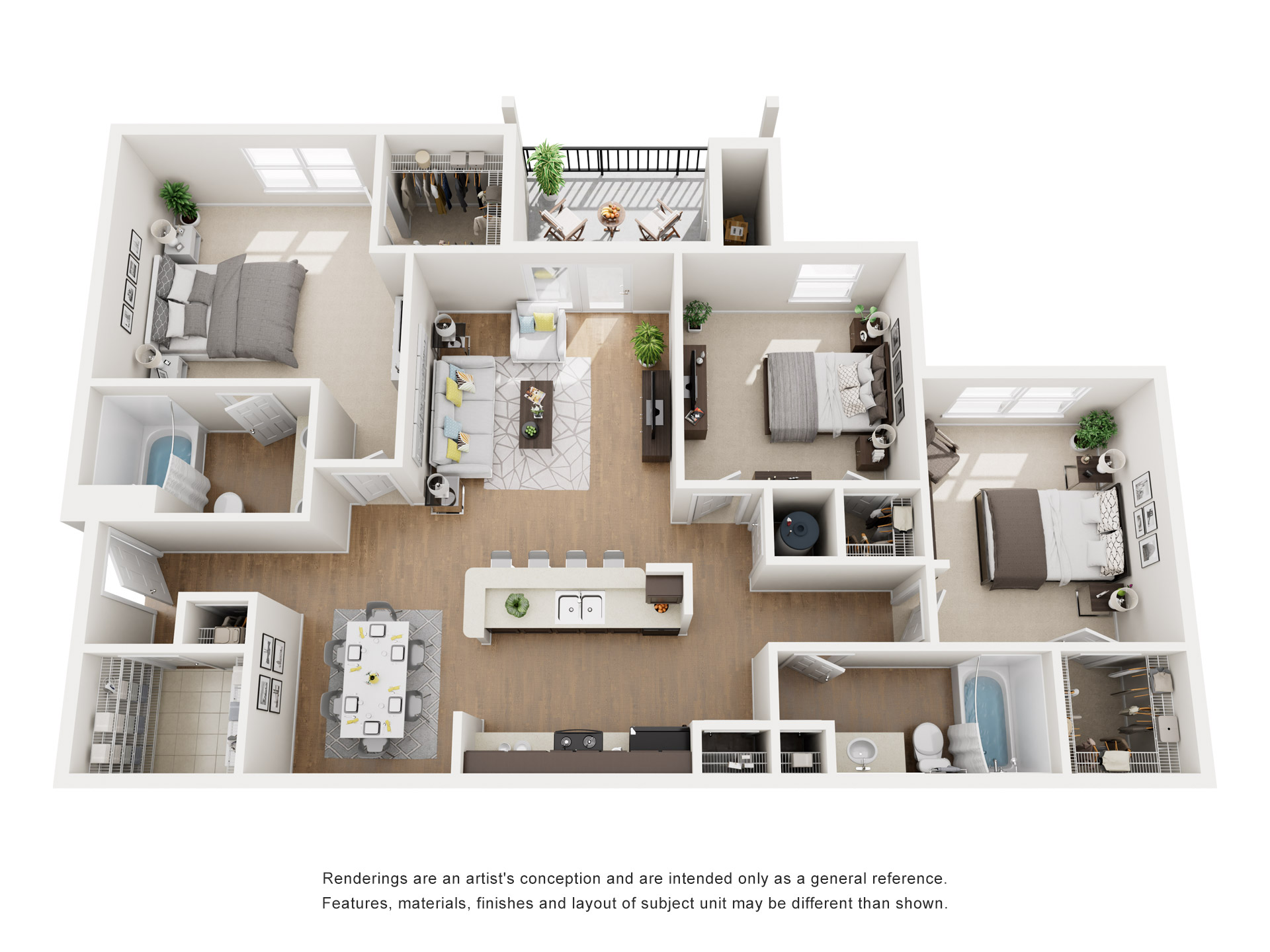 Floor plan for 3 beds, 2 baths, 1352 sqft
